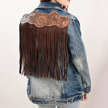 ADJKT018 Genuine leather Hand tooled hand carved Women 100% cotton Denim jacket dress ladies girl